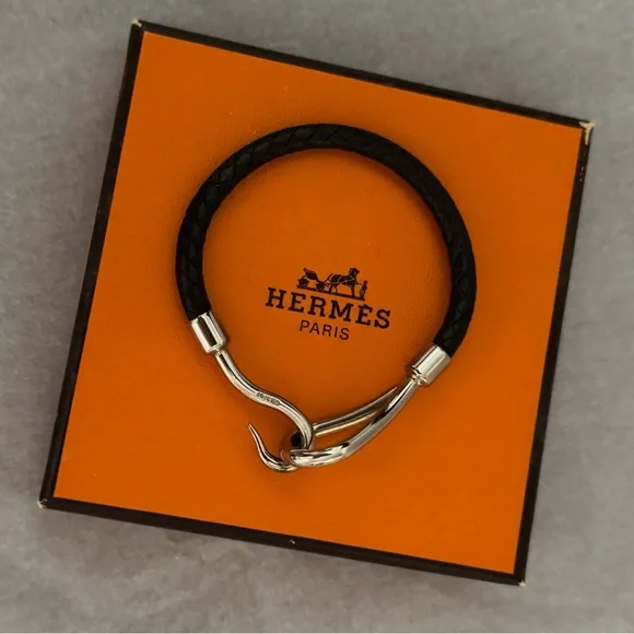 Hermès AUTHENTIC Silver & Black Leather Jumbo Hook Braided Tour Bracelet. - Picture 4 of 16